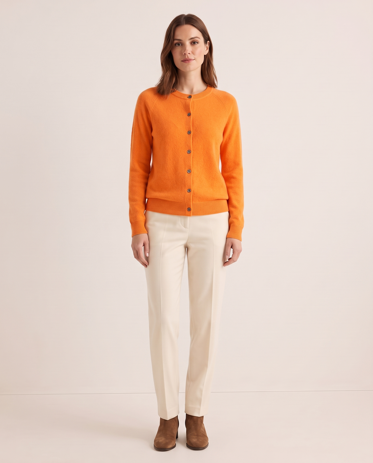 Merino Wool & Cashmere Cardigan — orange, studio front