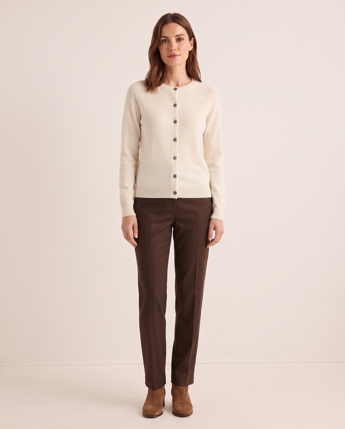 Merino Wool & Cashmere Cardigan — white, studio front