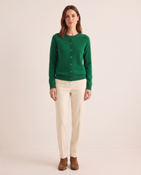 Merino Wool & Cashmere Cardigan — dark green, studio front