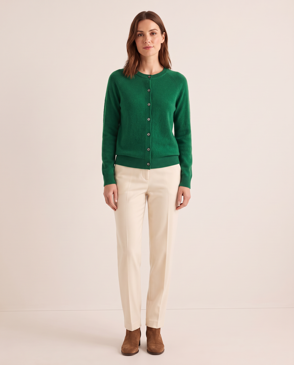 Merino Wool & Cashmere Cardigan — dark green, studio front