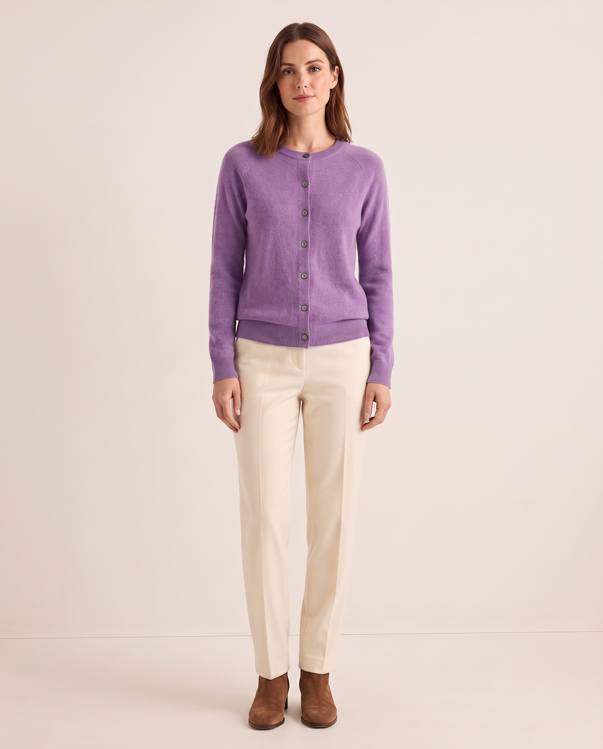 Merino Wool & Cashmere Cardigan — purple, studio front