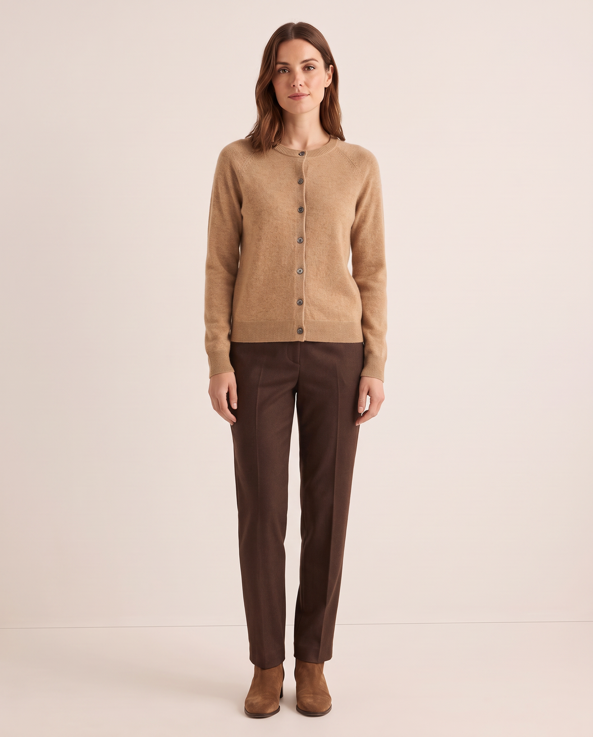 Merino Wool & Cashmere Cardigan — light brown, studio front