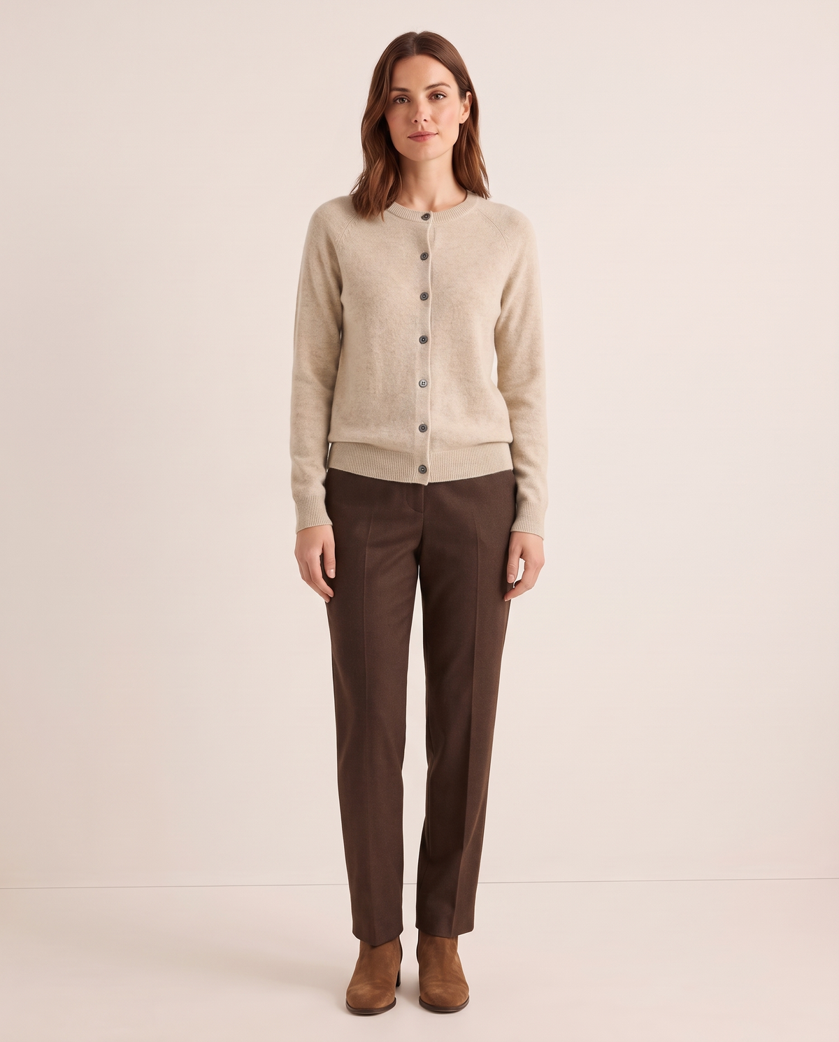 Merino Wool & Cashmere Cardigan — khaki, studio front