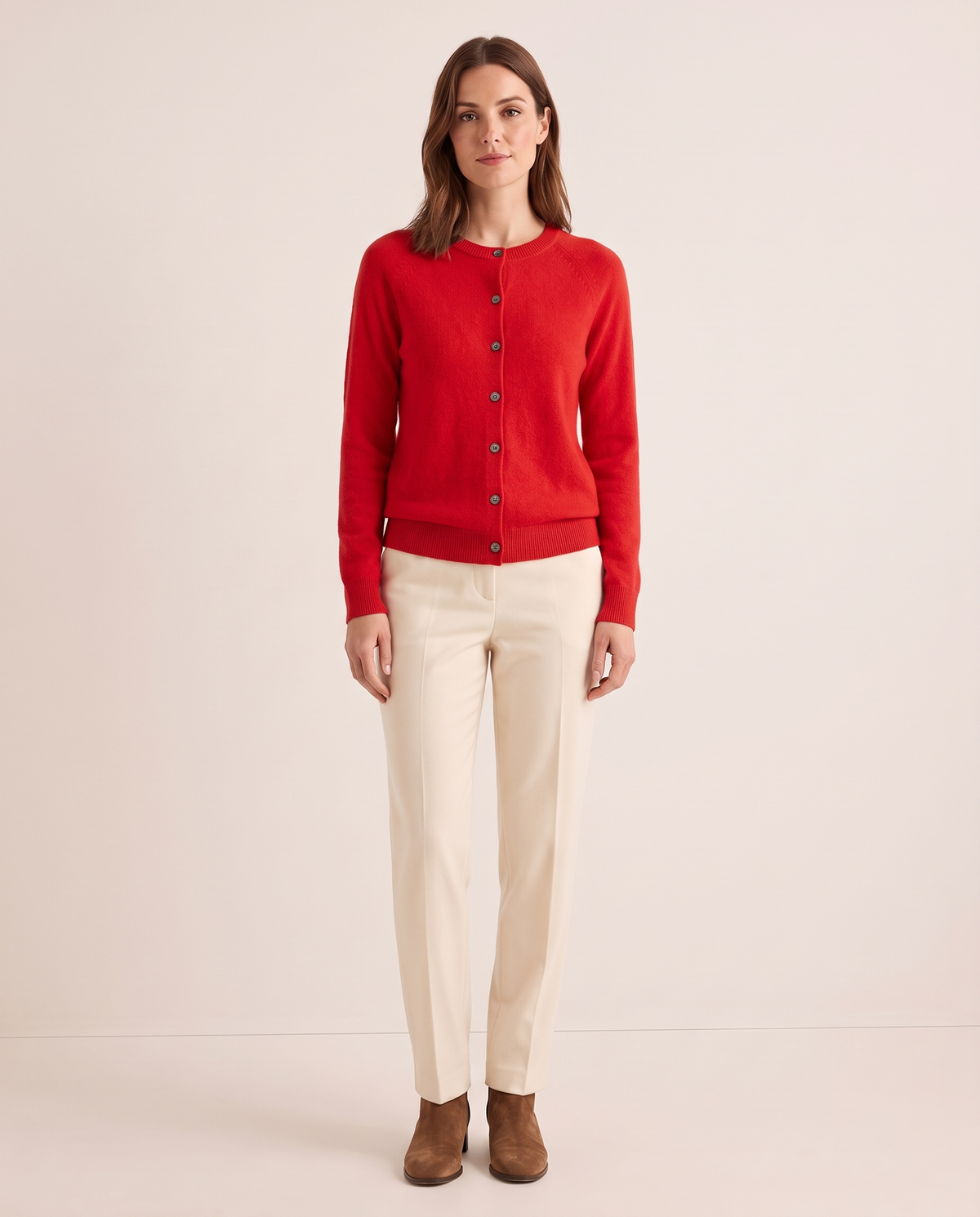 Merino Wool & Cashmere Cardigan — red, studio front