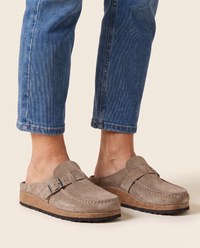 Suede-Finish Buckle Clogs for Women — beige, studio front