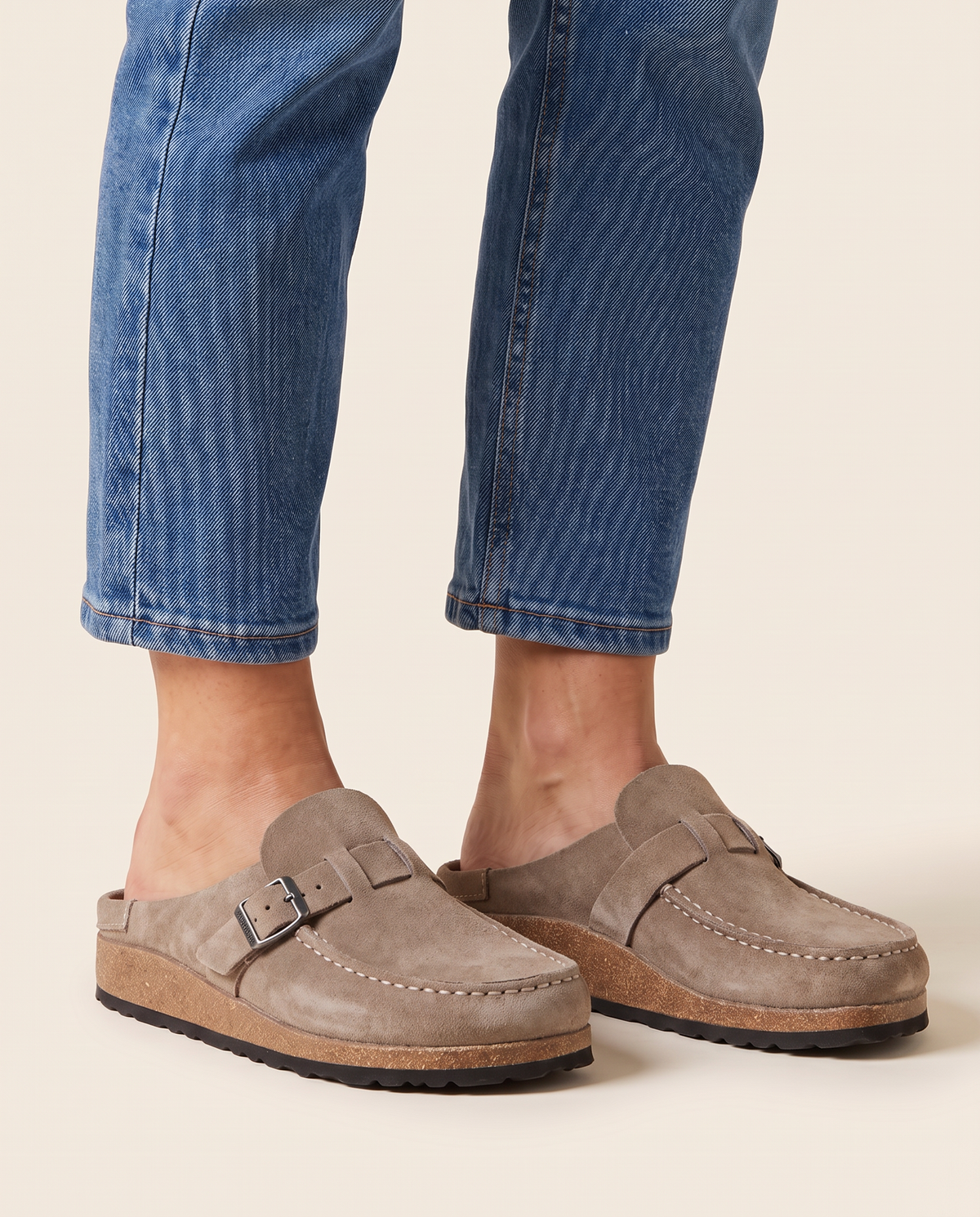 Suede-Finish Buckle Clogs for Women — beige, studio front