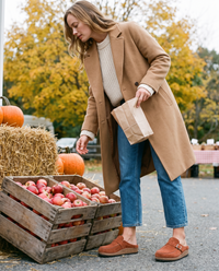 Suede-Finish Buckle Clogs for Women in terracotta — worn at a Hudson Valley farmers market in October