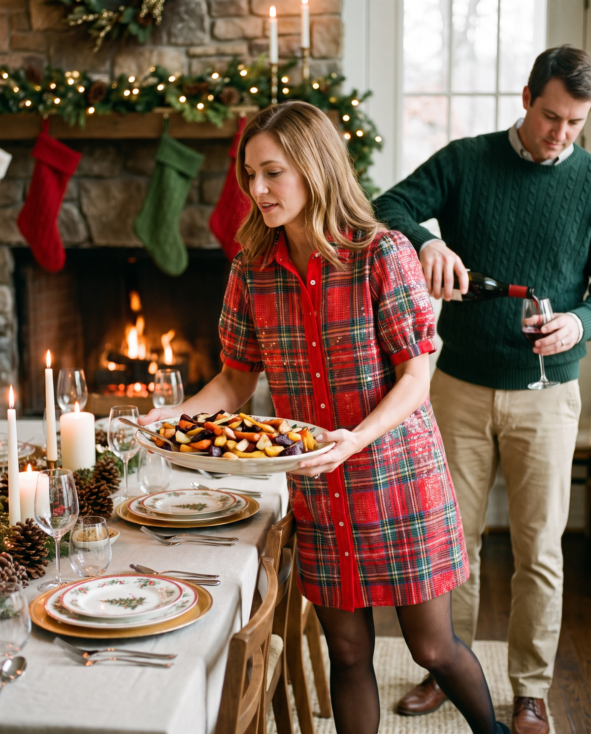 Women's Christmas Dress, Sparkle Plaid Button-Front Mini Dress — serving Christmas dinner by the fireplace