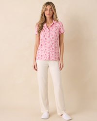 Women's Christmas Pajama Top, Pink Santa Print — studio front