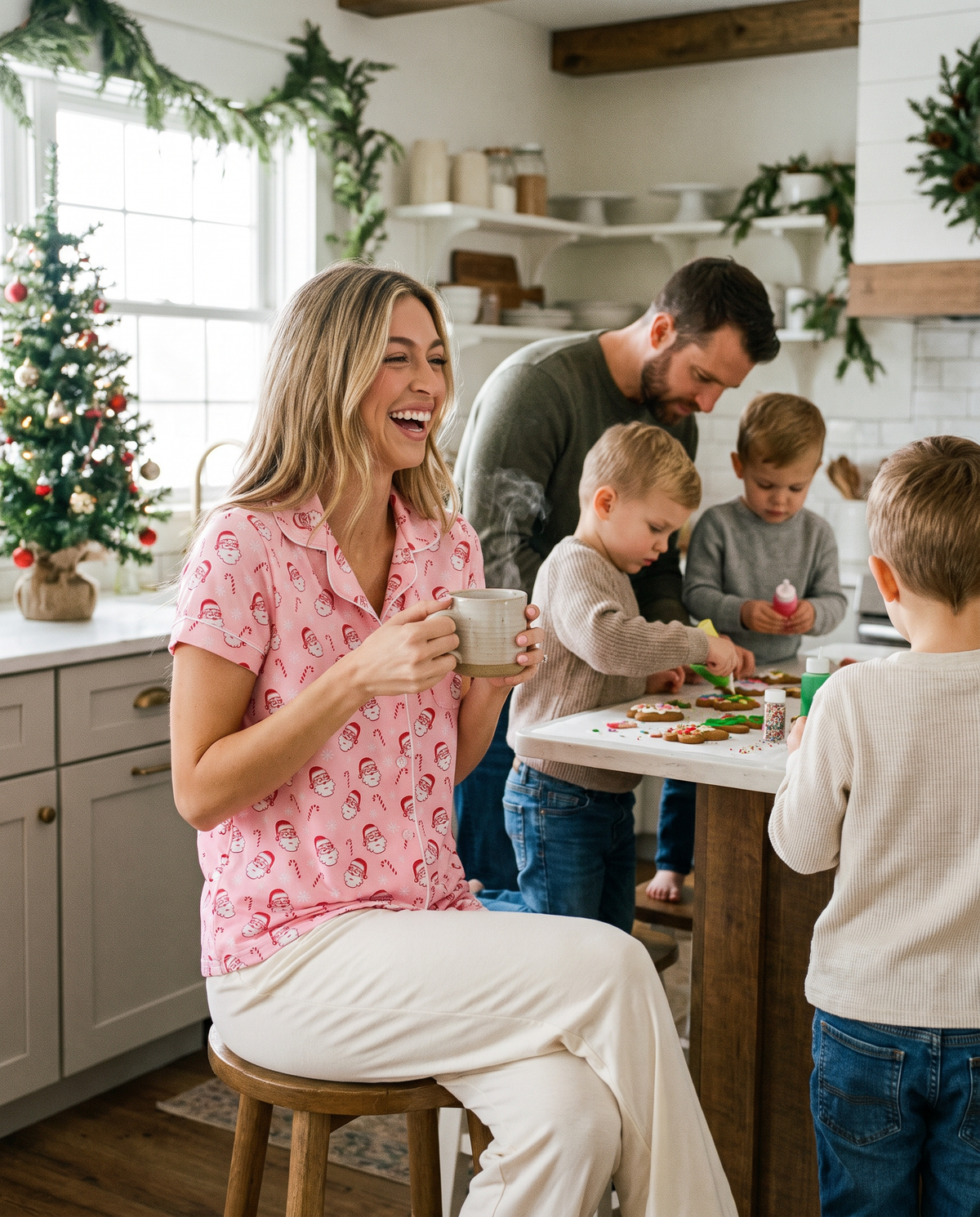 Women's Christmas Pajama Top, Pink Santa Print — hot cocoa while the family decorates Christmas cookies