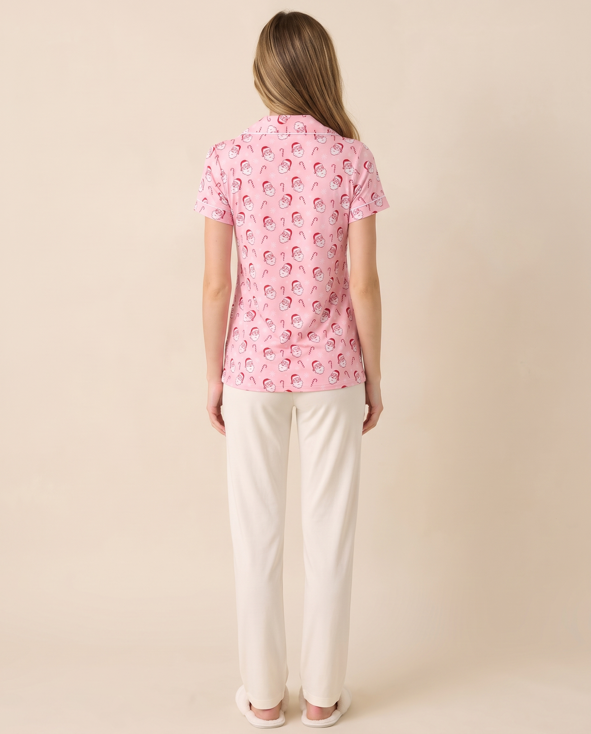 Women's Christmas Pajama Top, Pink Santa Print — studio back