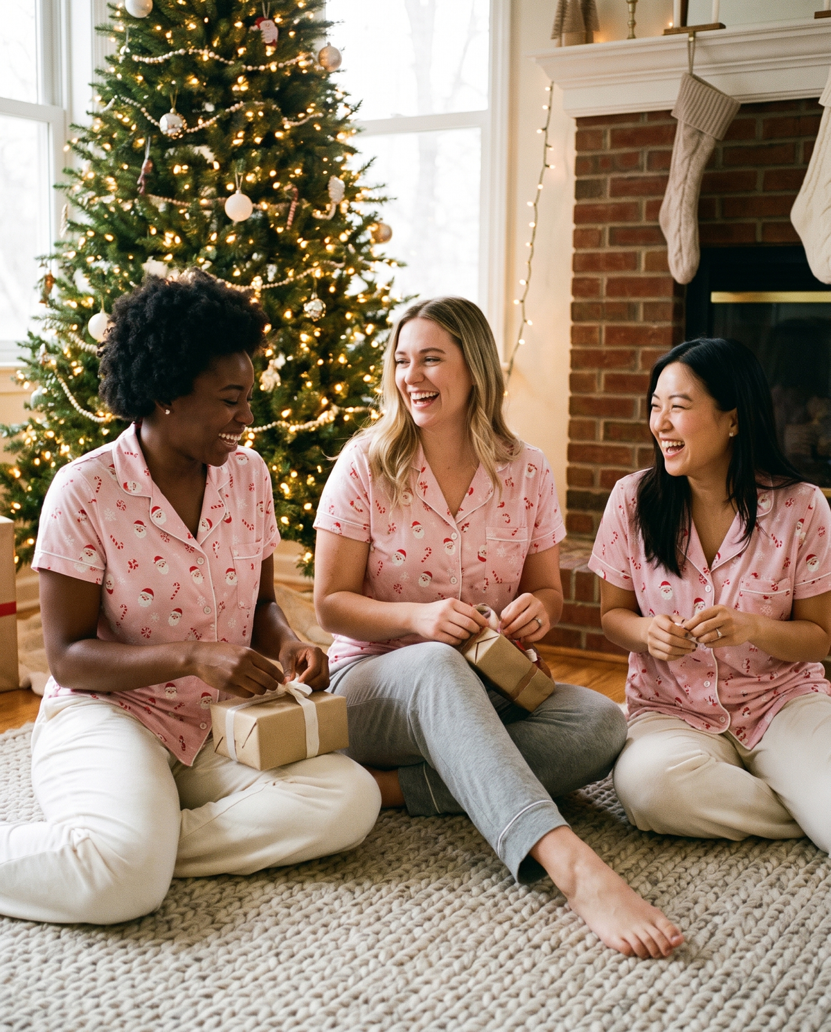 Women's Christmas Pajama Top, Pink Santa Print — girlfriends opening presents by the tree on Christmas morning