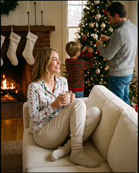 Women's Christmas Pajama Top, Nutcracker Print — hot cocoa by the fireplace while the family decorates the tree