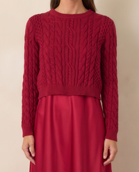Christmas Dress Set, Red Satin Maxi & Cable Knit Sweater — cable knit and satin detail