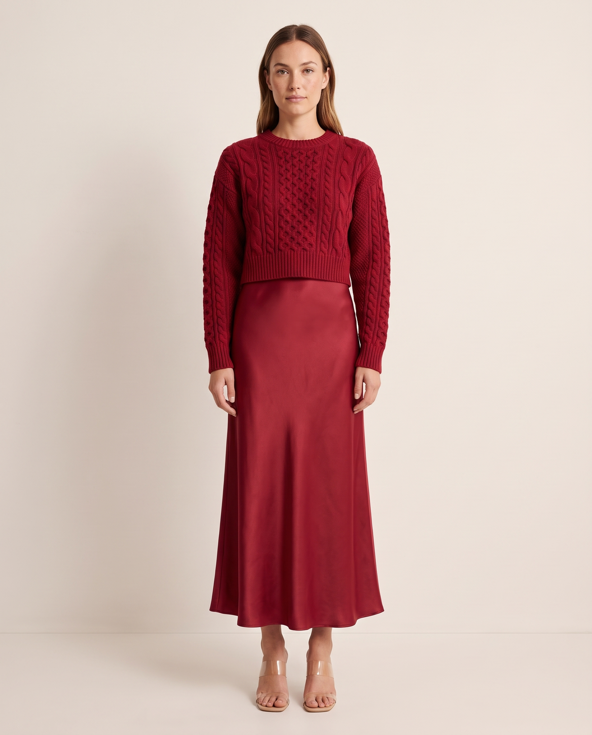 Christmas Dress Set, Red Satin Maxi & Cable Knit Sweater — red, studio front