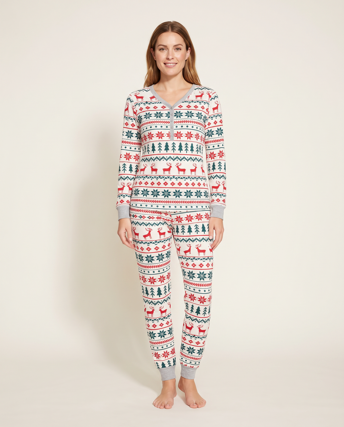Family Christmas Pajamas, Reindeer & Tree Fair Isle — women's set, studio front