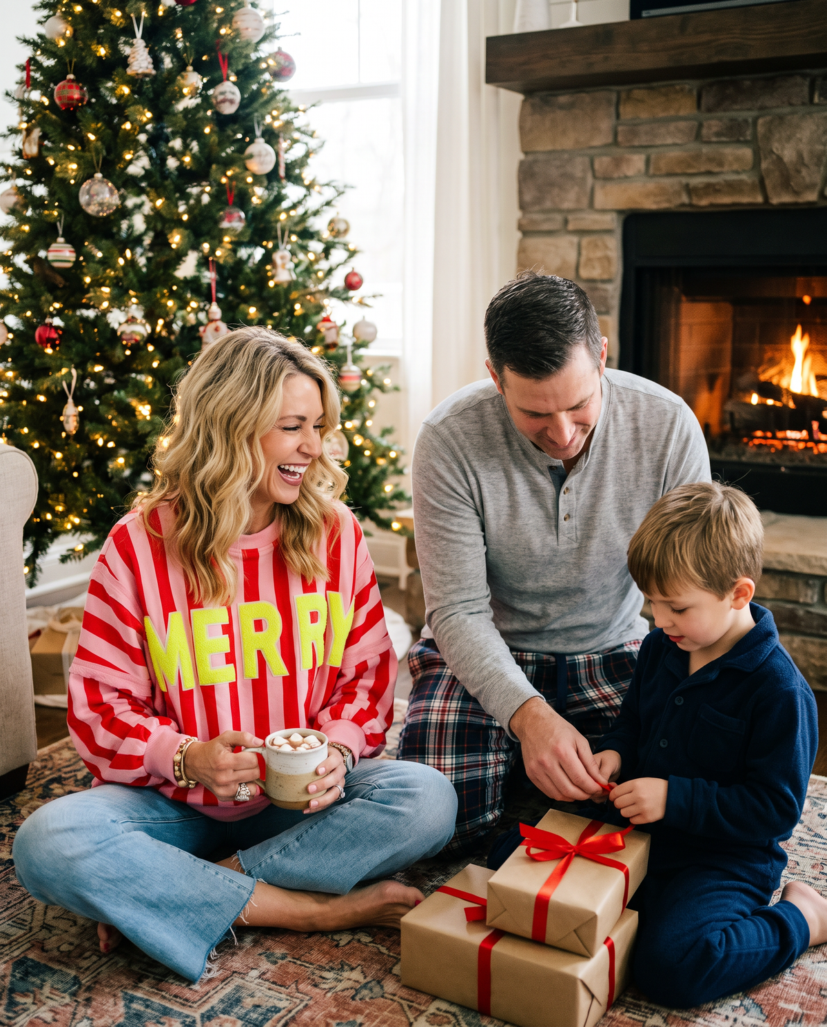 Women's Christmas Sweater, Striped Merry Sweatshirt — worn with hot cocoa opening presents on Christmas morning