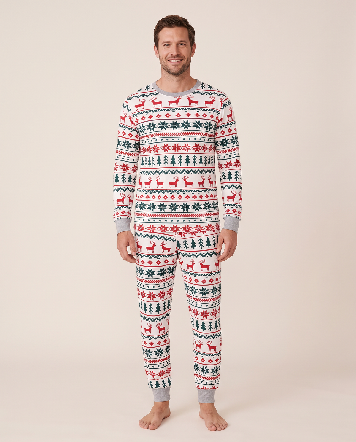 Family Christmas Pajamas, Reindeer & Tree Fair Isle — men's set, studio front