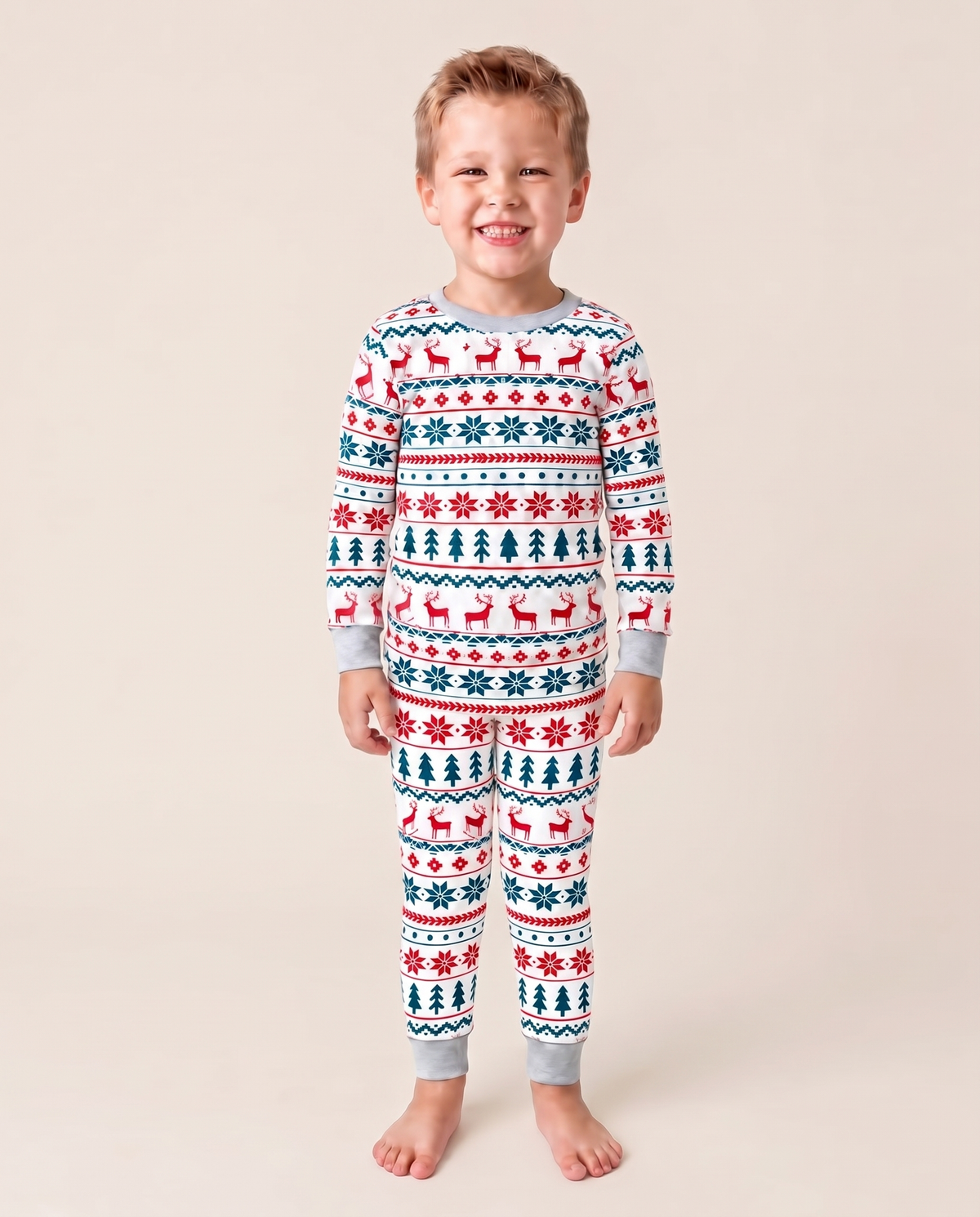 Family Christmas Pajamas, Reindeer & Tree Fair Isle — kids' set, studio front