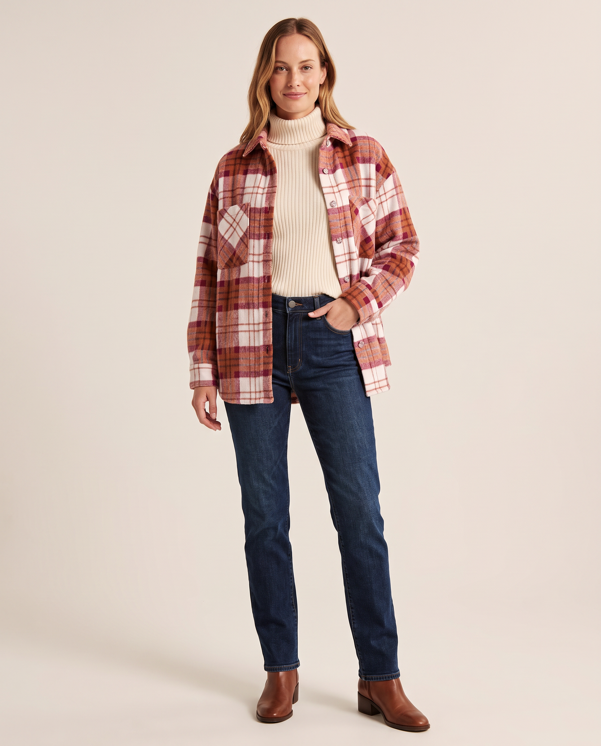 Christmas Plaid Flannel Shacket with Pockets — pink, studio front