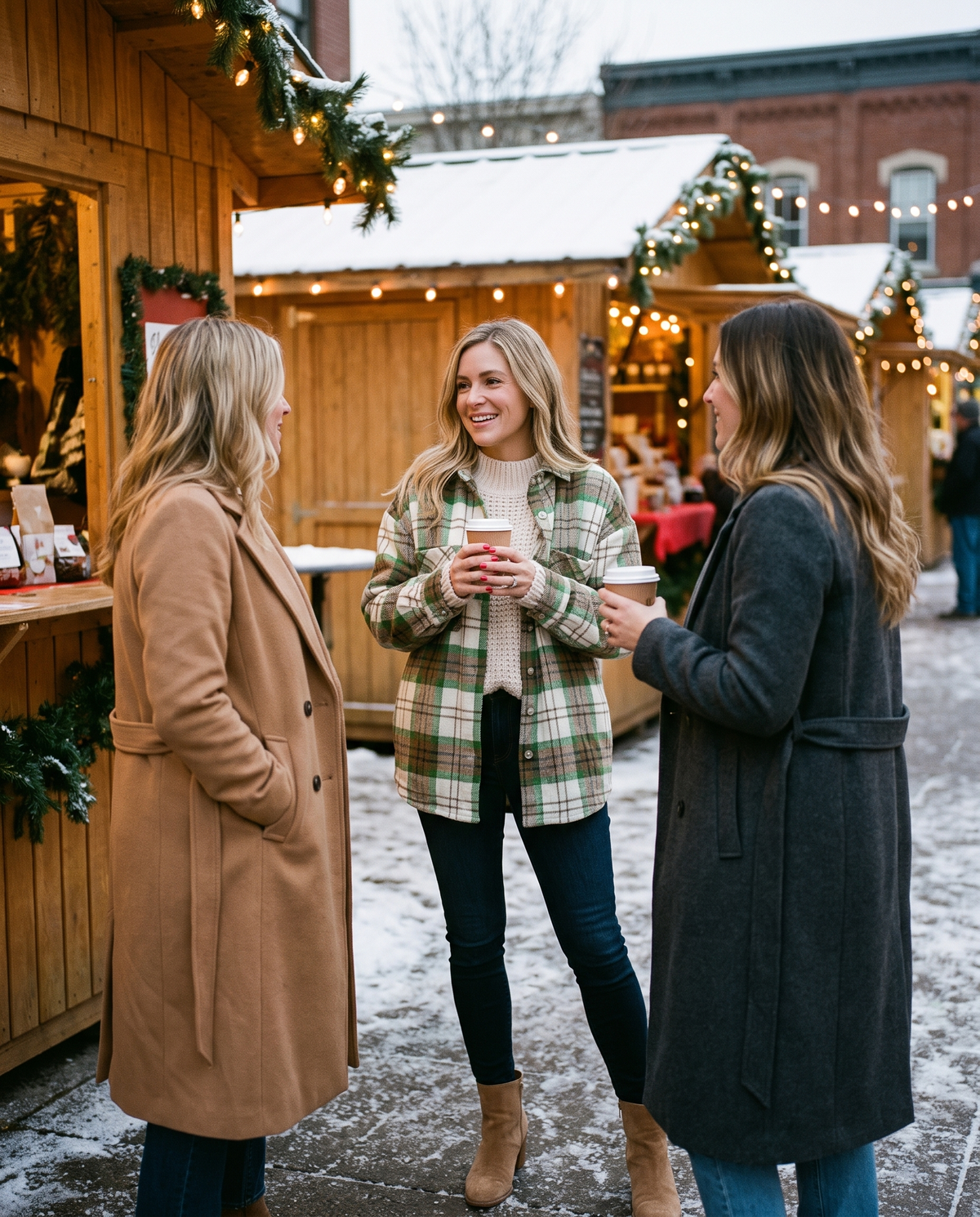Christmas Plaid Flannel Shacket with Pockets — green, hot cocoa with friends at an outdoor Christmas market