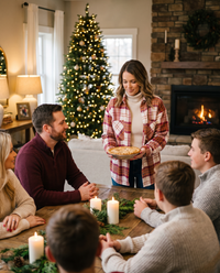 Christmas Plaid Flannel Shacket with Pockets — pink, bringing pie to a family Christmas dinner