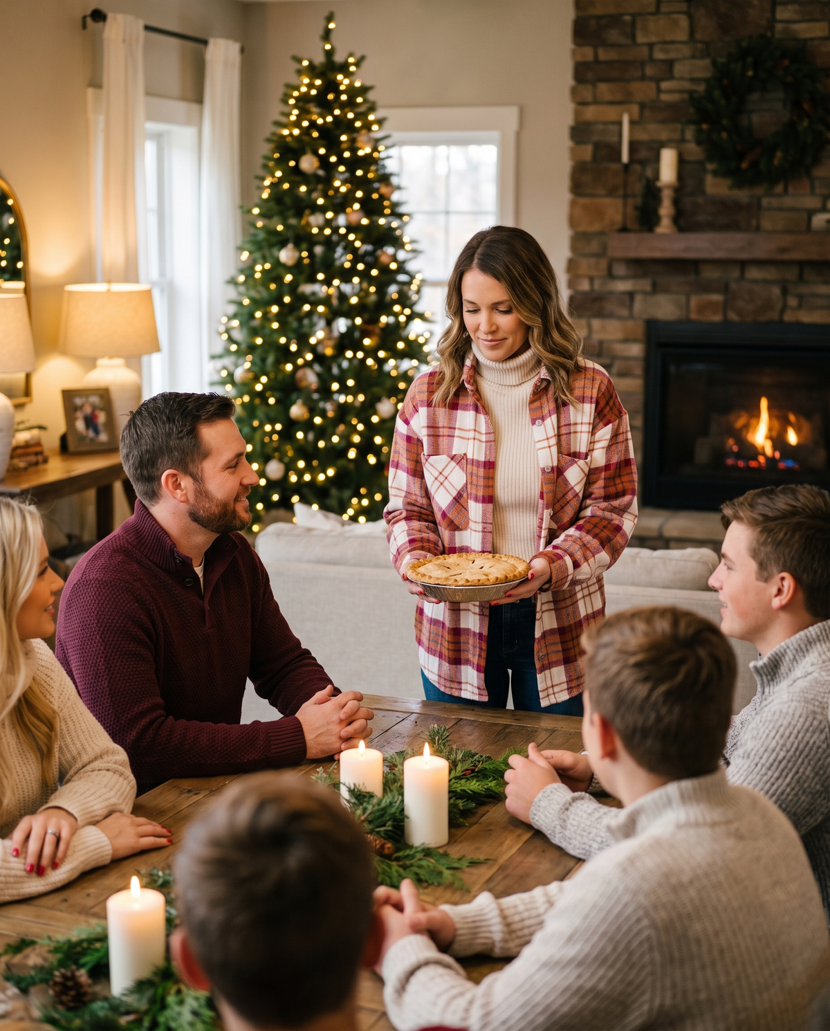Christmas Plaid Flannel Shacket with Pockets — pink, bringing pie to a family Christmas dinner