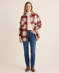 Christmas Plaid Flannel Shacket with Pockets — red, studio front