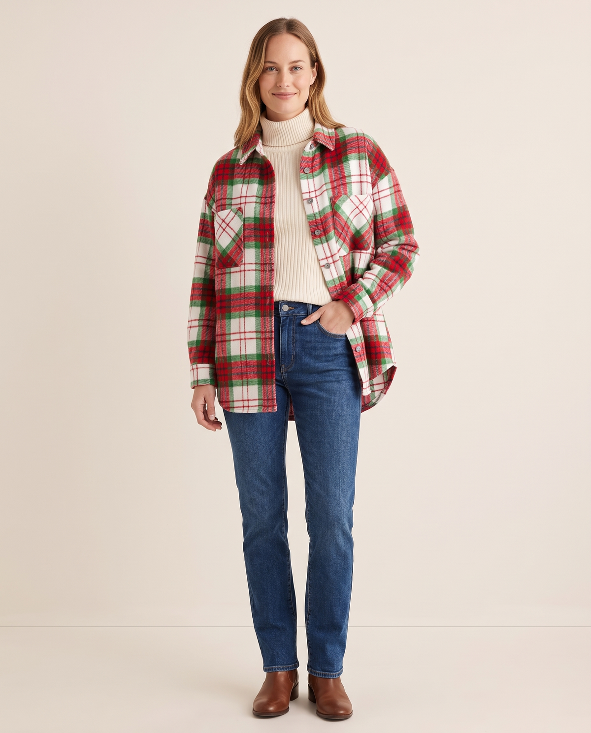 Christmas Plaid Flannel Shacket with Pockets — red, studio front