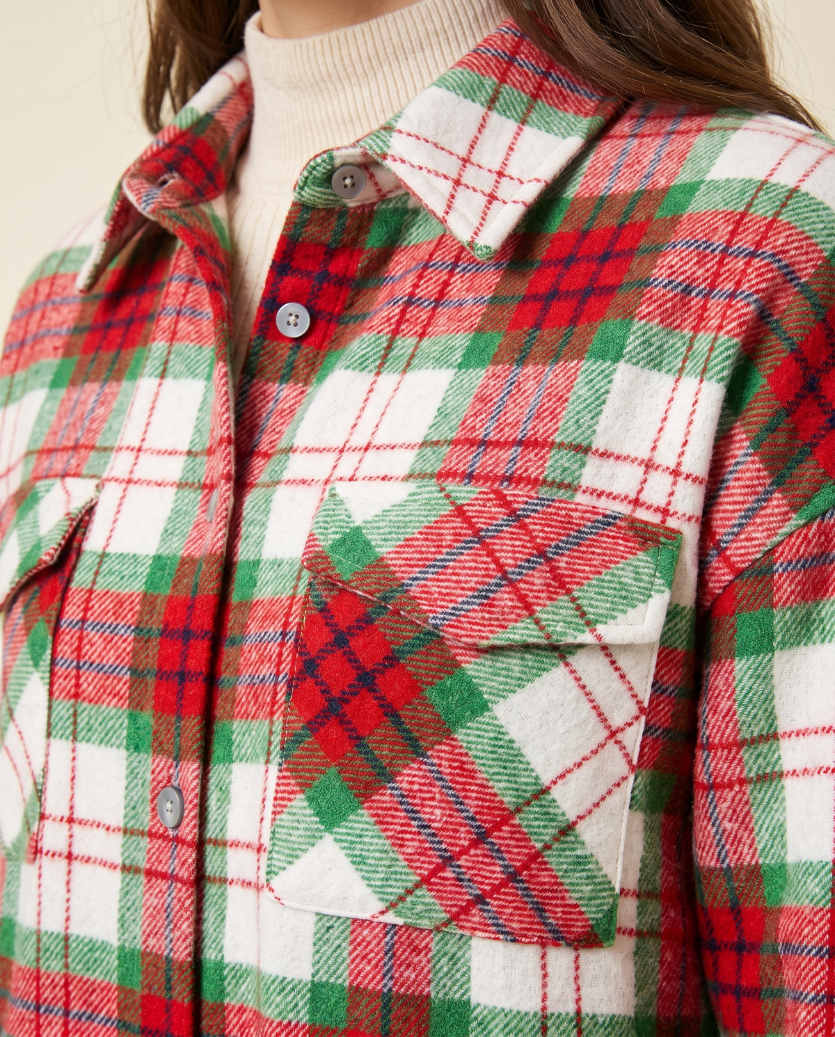 Christmas Plaid Flannel Shacket with Pockets — red, close-up of collar, buttons and chest pocket