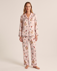 Women's Christmas Pajamas, Pink Satin Bunny Print PJ Set — pink, studio front