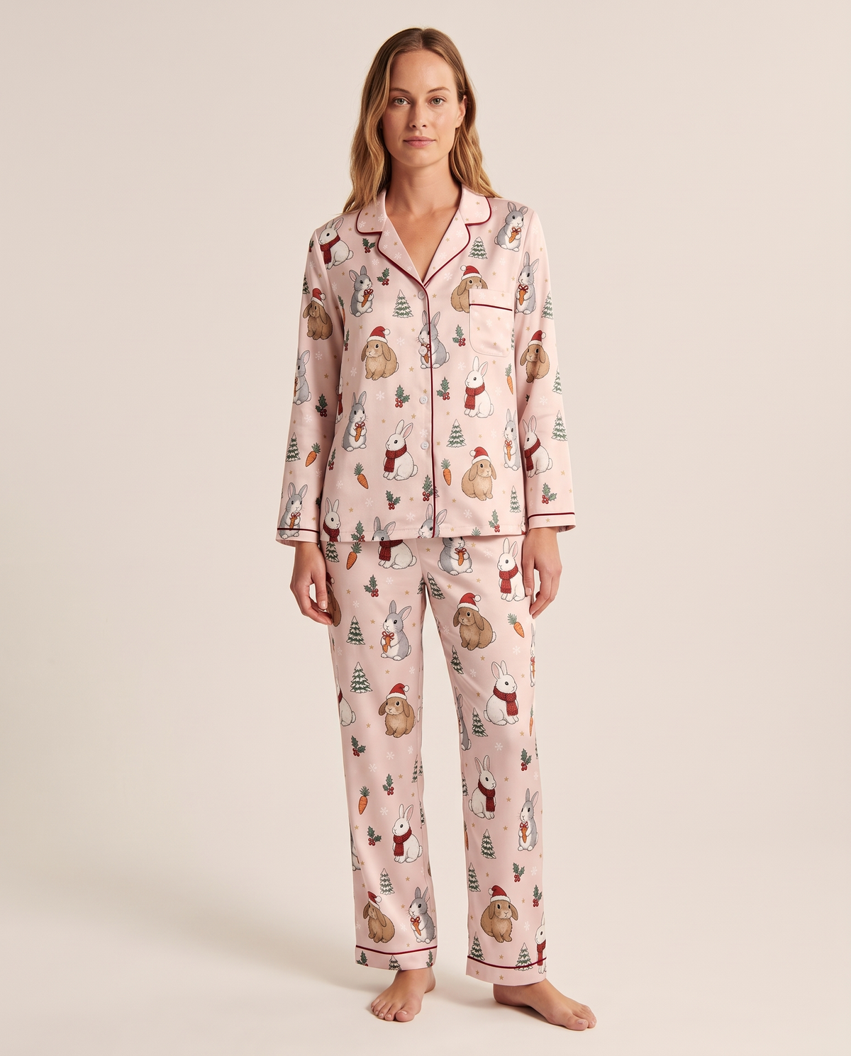 Women's Christmas Pajamas, Pink Satin Bunny Print PJ Set — pink, studio front