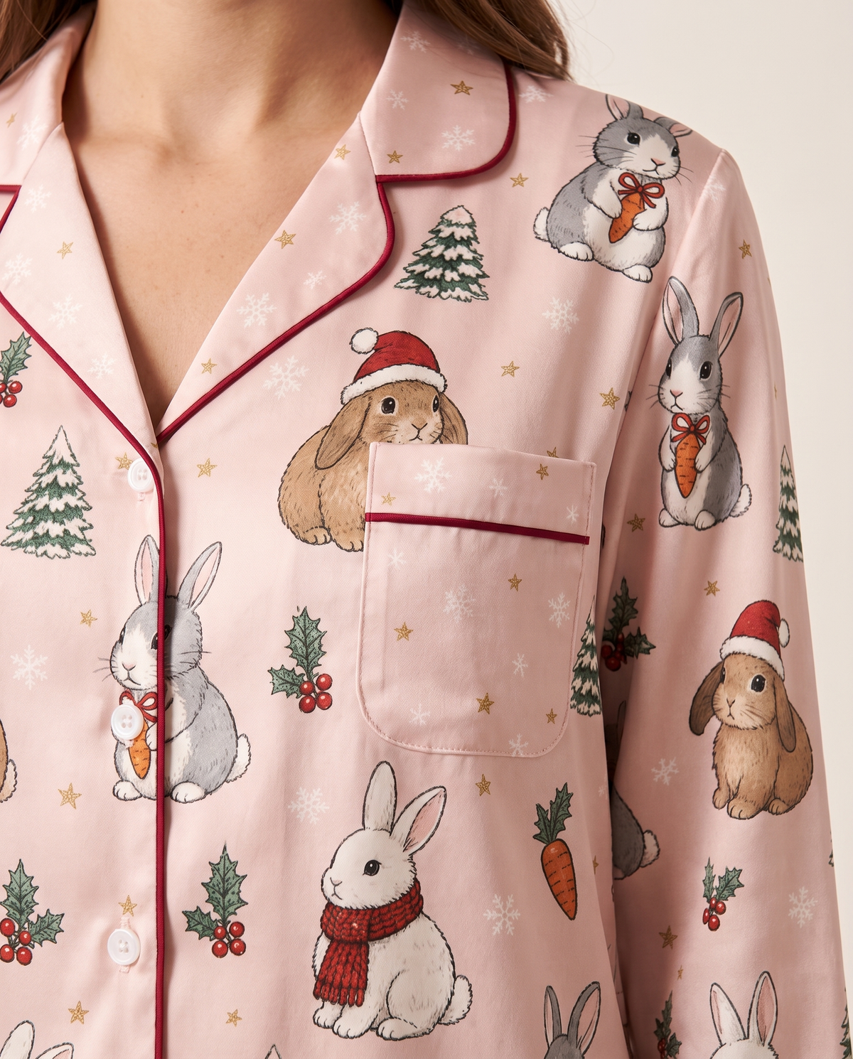 Women's Christmas Pajamas, Pink Satin Bunny Print PJ Set — bunny print, chest pocket and red piping close-up