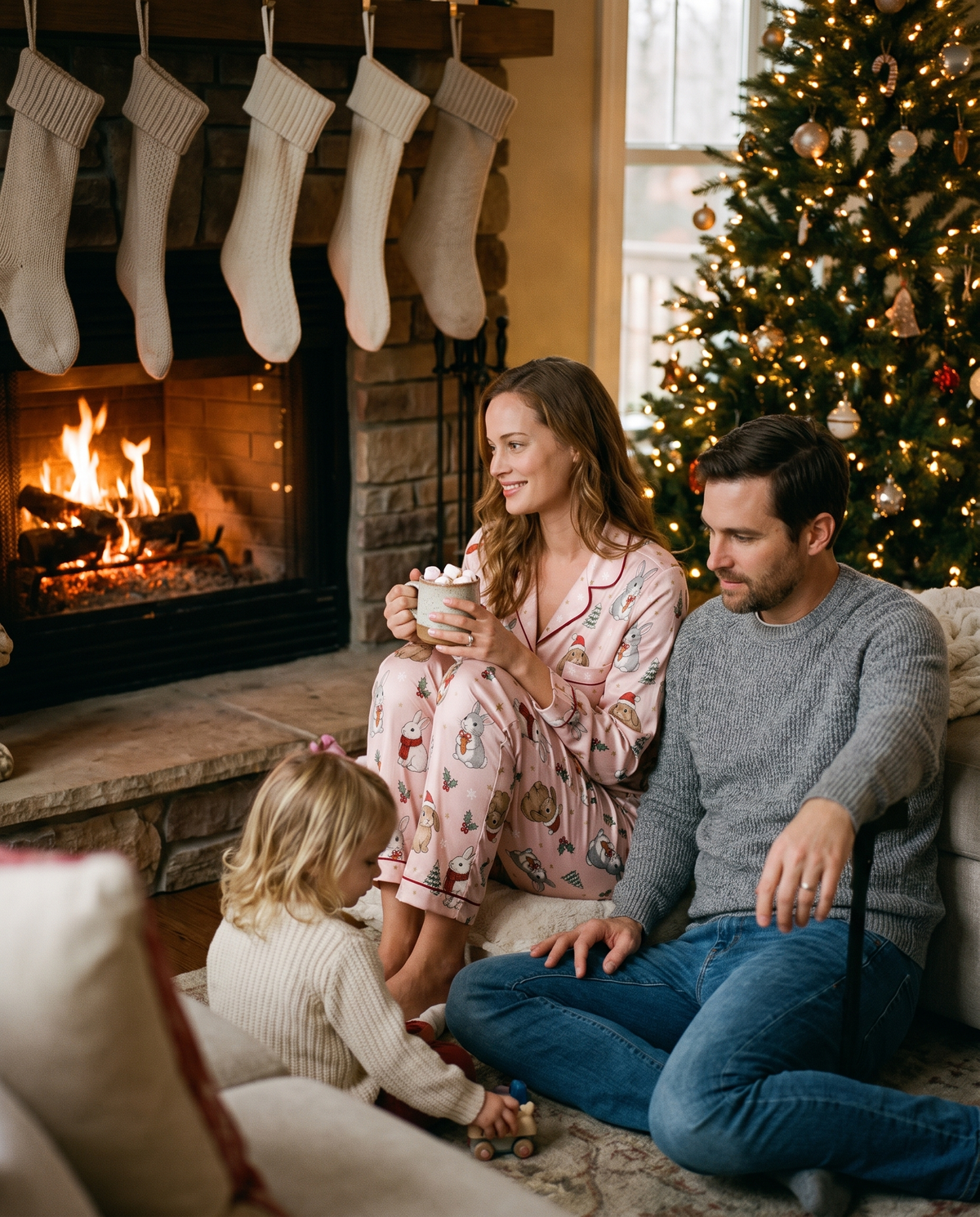 Women's Christmas Pajamas, Pink Satin Bunny Print PJ Set — hot cocoa by the fireplace with family on Christmas Eve