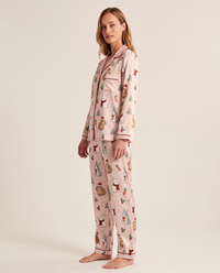 Women's Christmas Pajamas, Pink Satin Bunny Print PJ Set — three-quarter view