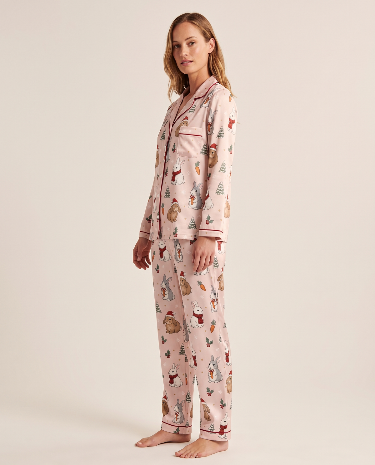 Women's Christmas Pajamas, Pink Satin Bunny Print PJ Set — three-quarter view