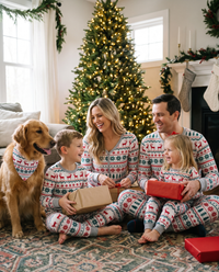 Family Christmas Pajamas, Reindeer & Tree Fair Isle — family and dog opening presents on Christmas morning