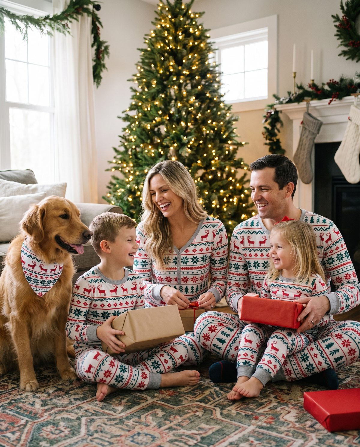Family Christmas Pajamas, Reindeer & Tree Fair Isle — family and dog opening presents on Christmas morning