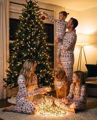 Family Christmas Pajamas, Reindeer & Tree Fair Isle — family decorating the Christmas tree