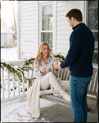 Women's Christmas Pajama Top, Nutcracker Print — Christmas morning on a snowy front porch
