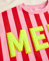 Women's Christmas Sweater, Striped Merry Sweatshirt — fuzzy chenille MERRY letters and ribbed neckline detail
