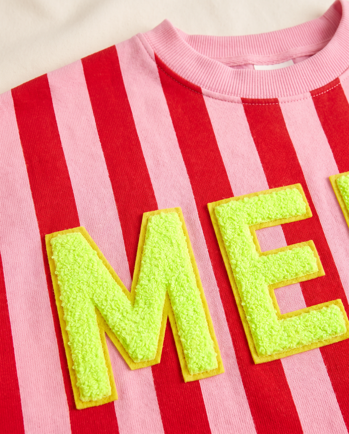 Women's Christmas Sweater, Striped Merry Sweatshirt — fuzzy chenille MERRY letters and ribbed neckline detail