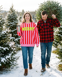 Women's Christmas Sweater, Striped Merry Sweatshirt — worn at a snowy Vermont Christmas tree farm