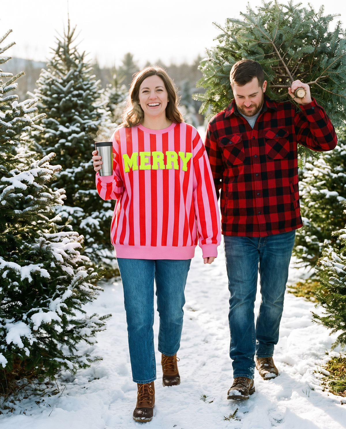 Women's Christmas Sweater, Striped Merry Sweatshirt — worn at a snowy Vermont Christmas tree farm