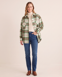 Christmas Plaid Flannel Shacket with Pockets — green, studio front