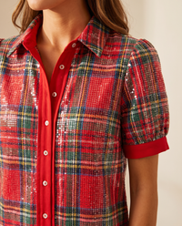 Women's Christmas Dress, Sparkle Plaid Button-Front Mini Dress — close-up of sequin tartan, collar and button placket