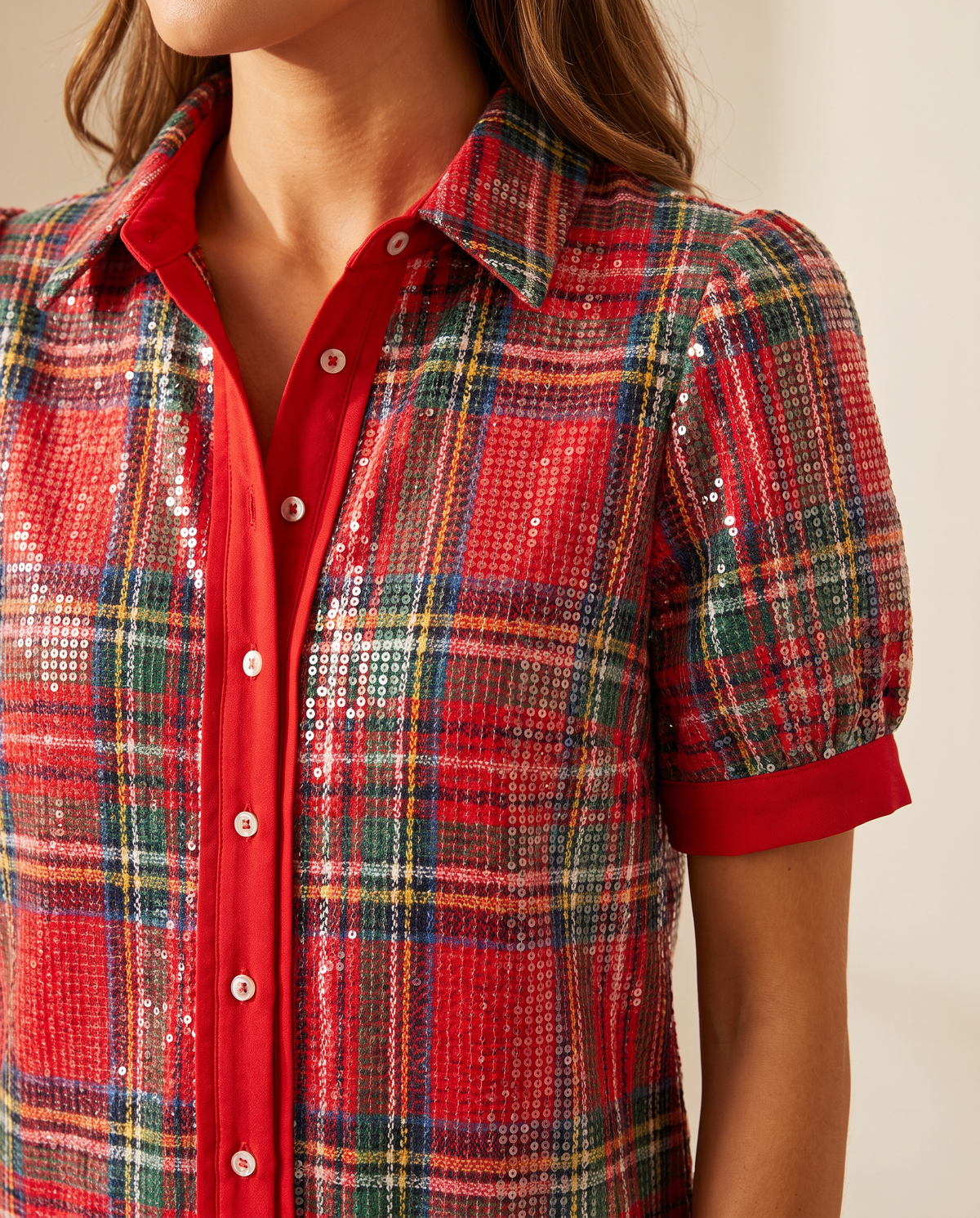 Women's Christmas Dress, Sparkle Plaid Button-Front Mini Dress — close-up of sequin tartan, collar and button placket