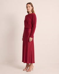 Christmas Dress Set, Red Satin Maxi & Cable Knit Sweater — three-quarter view