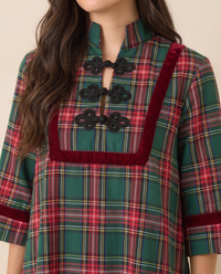 Women's Christmas Dress, Green Tartan Plaid Mini with Velvet Trim — stand collar, frog closures and velvet trim detail