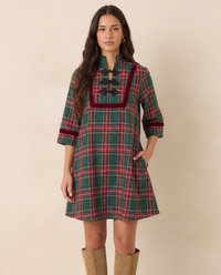 Women's Christmas Dress, Green Tartan Plaid Mini with Velvet Trim — green, studio front
